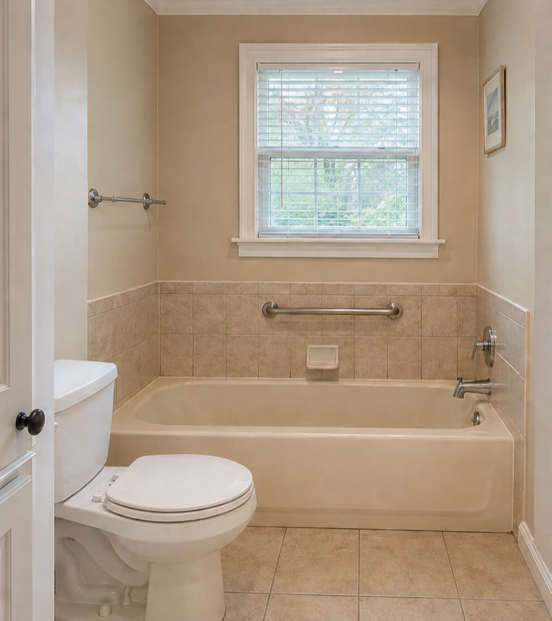 Standard bathtub in an older bathroom before installation