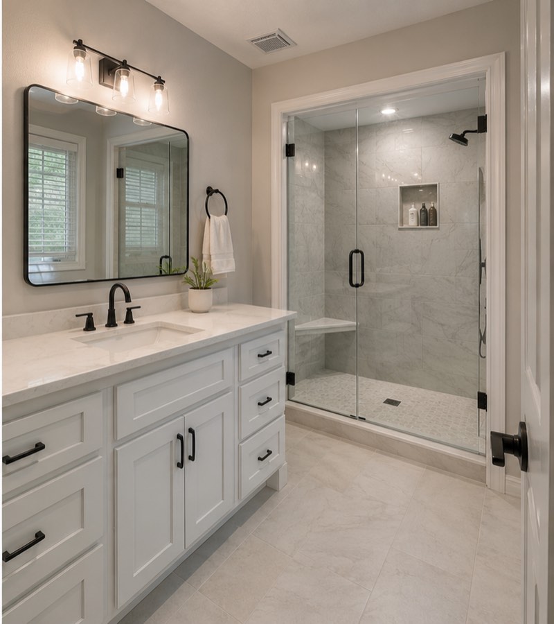 The finished bathroom with a new vanity, mirror and lighting