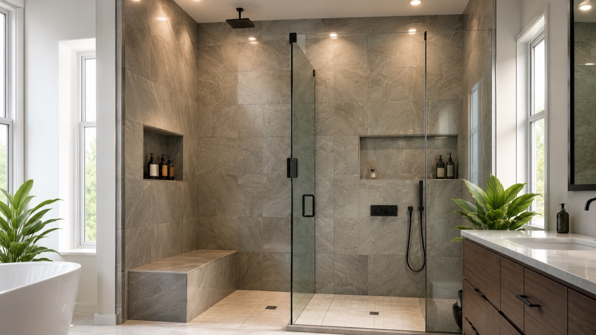 Walk-in shower with a low-threshold pan and glass enclosure