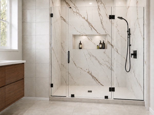 Finished walk-in shower with full-height wall panels and no grout lines