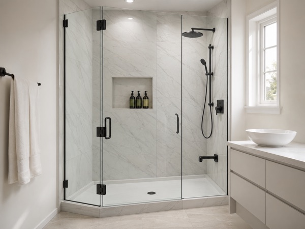 A completed tub-to-shower conversion with a glass panel in an existing alcove