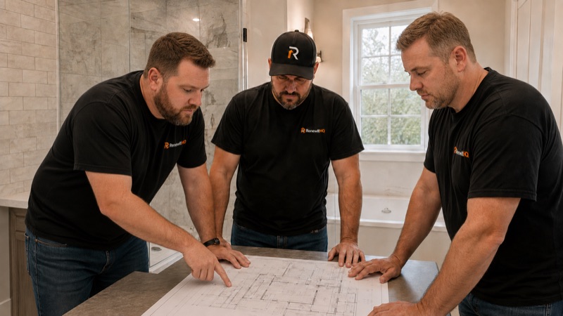 Installation crew reviewing a bathroom plan on site