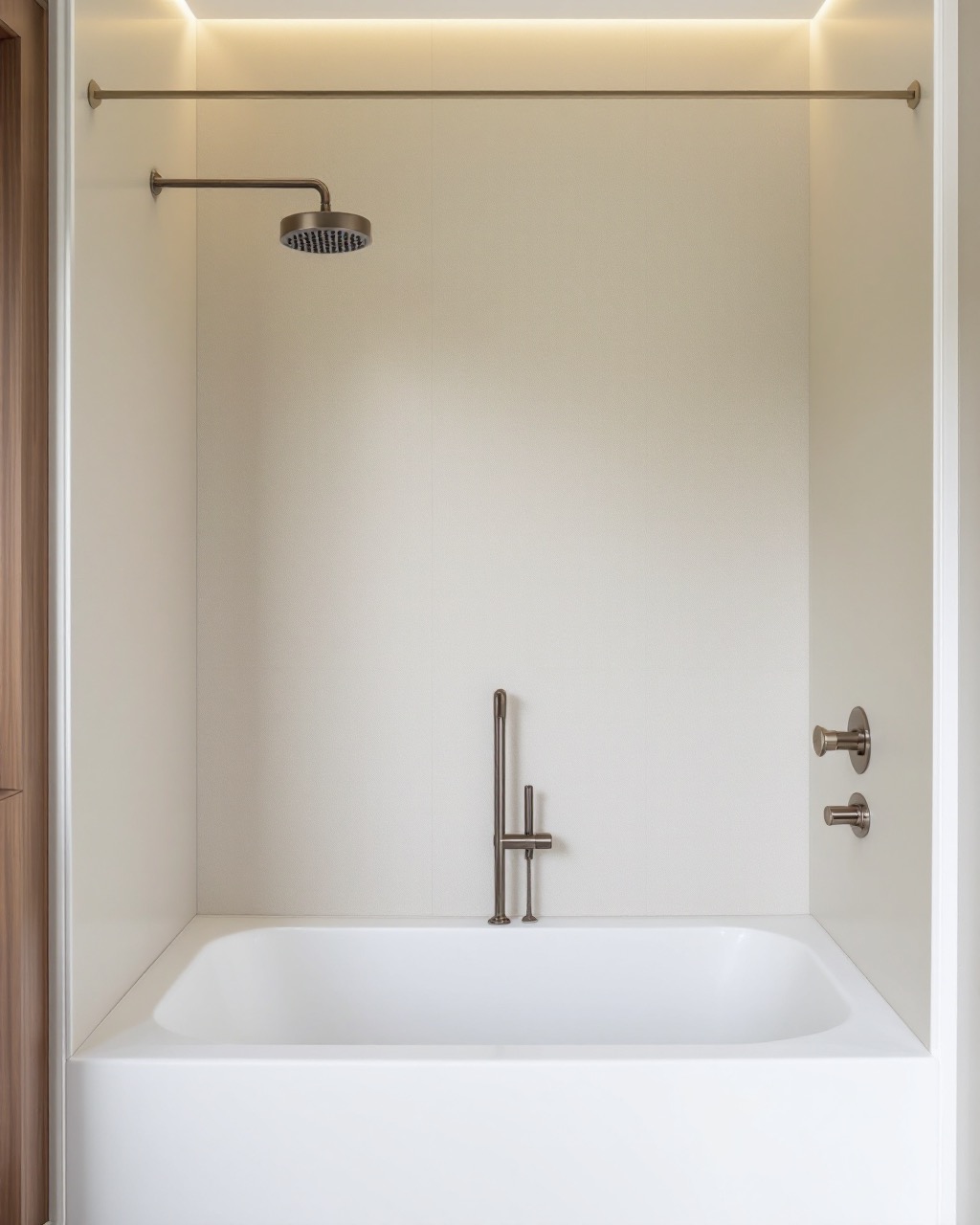 An empty tub and shower alcove with no grab bars or seat installed
