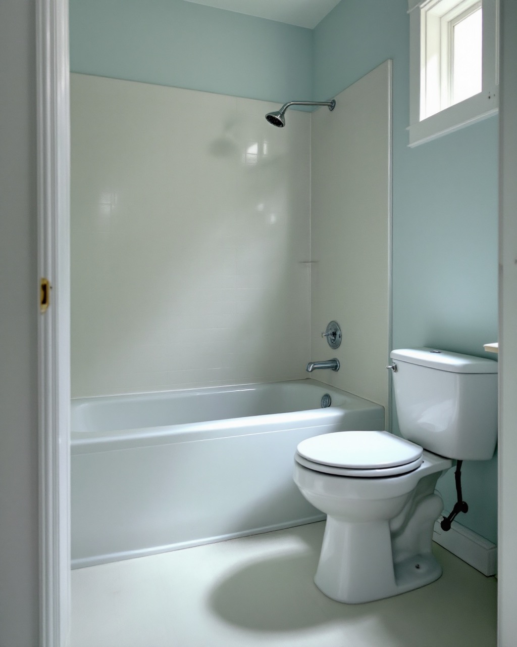 A standard residential bathroom with a bathtub and toilet side by side