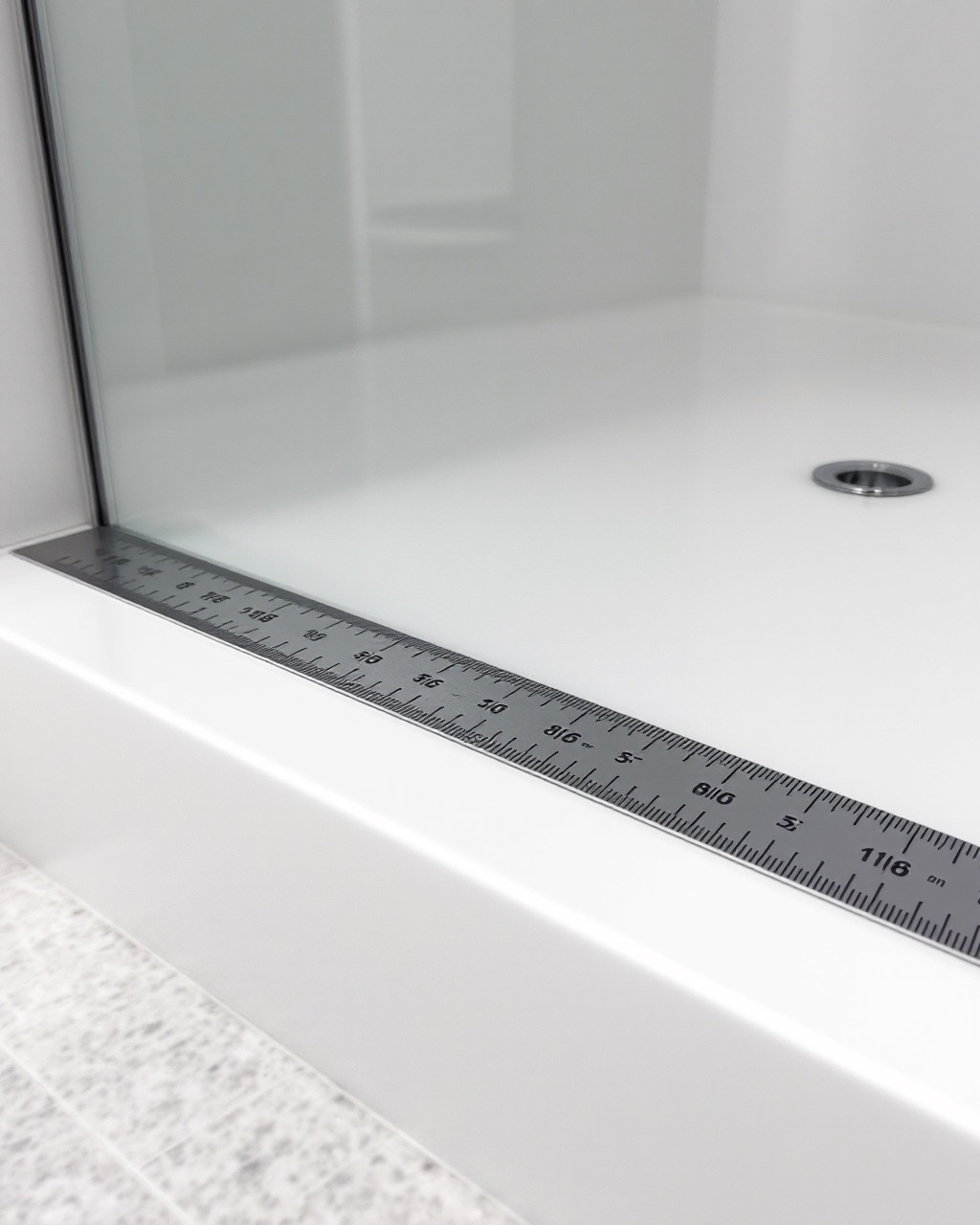 A tape measure held against the low threshold of a shower pan
