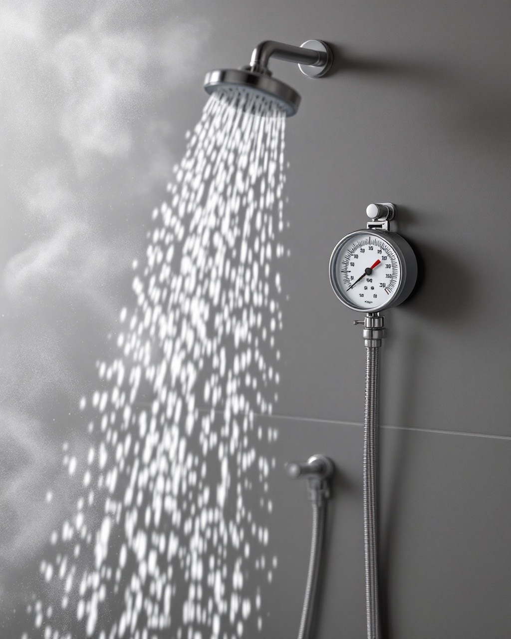A thermometer held in a running stream of shower water