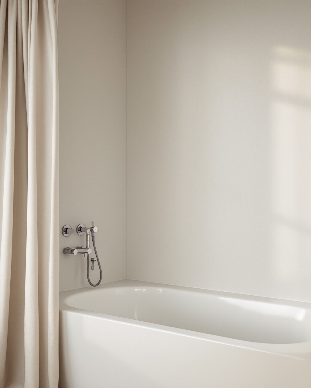 A dry, unused bathtub in a residential bathroom